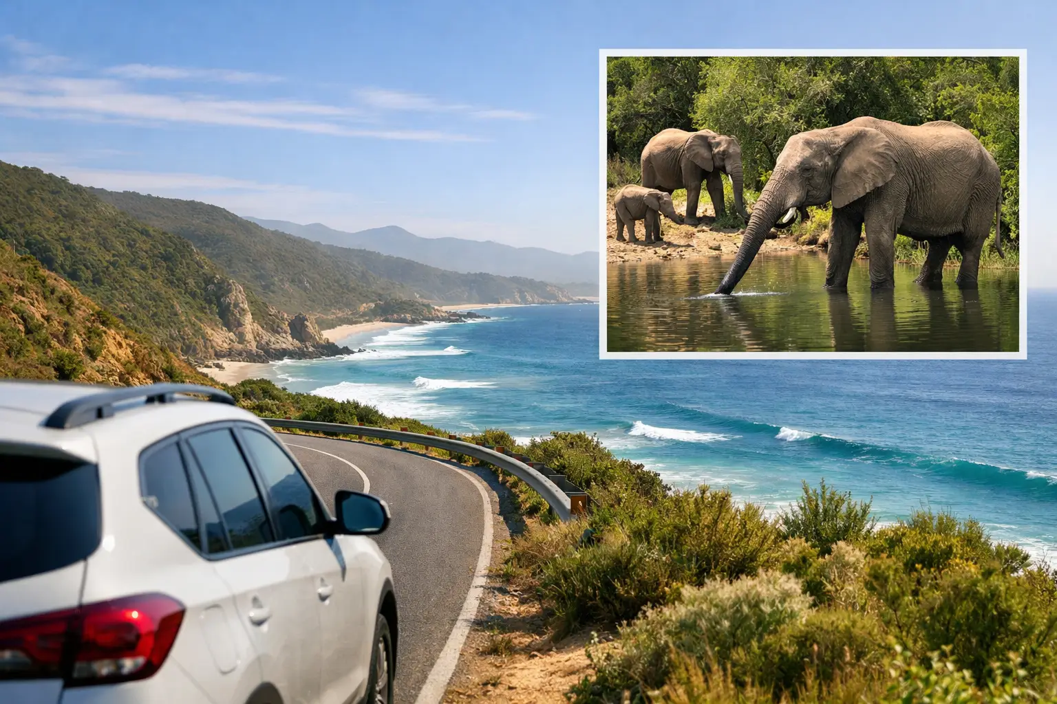 A private tour vehicle on a coastal road on the Garden Route