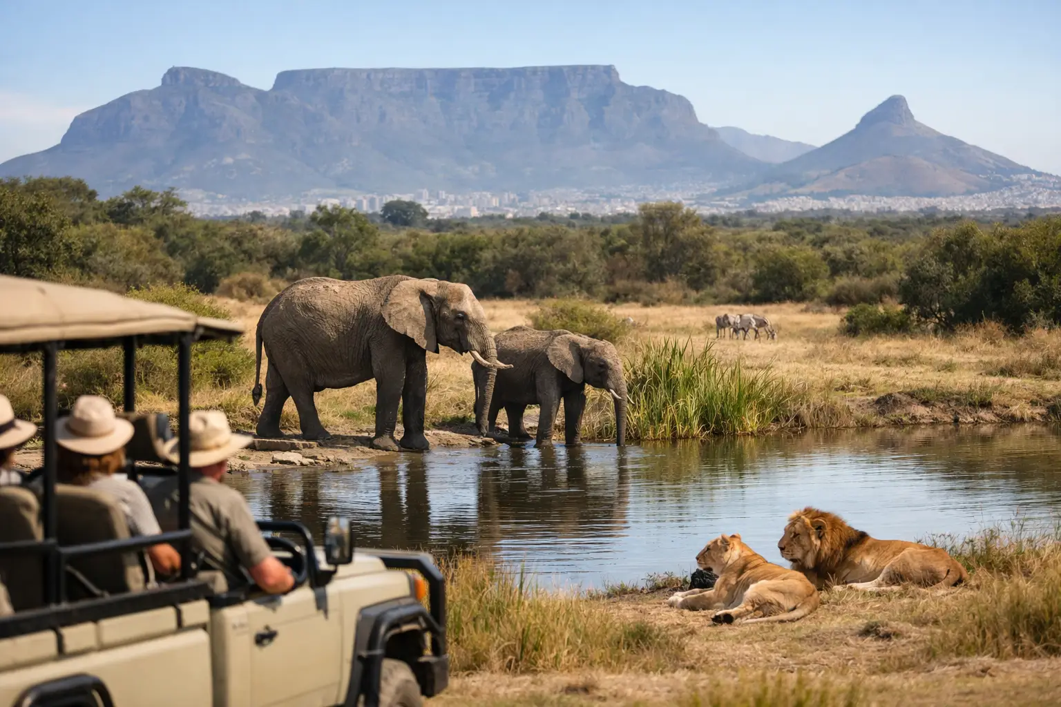 Game drive vehicle beside elephants on a Big Five reserve near Cape Town
